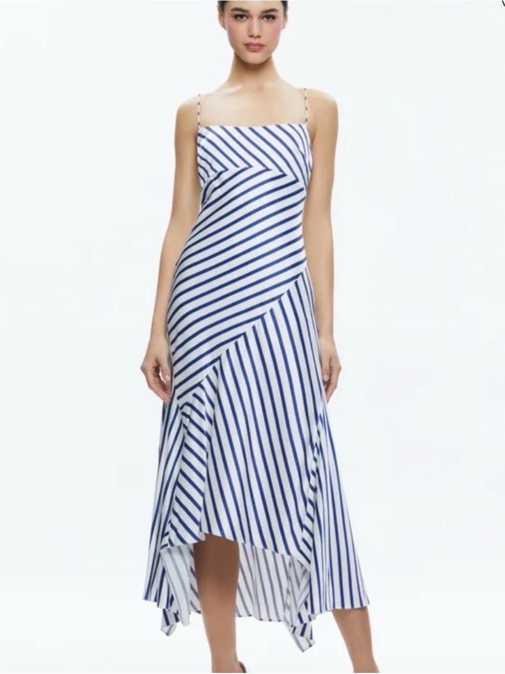 Alice + Olivia Blue And White Striped High-Low Midi Dress